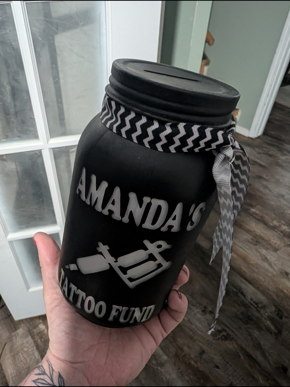 Personalized Black 'Amanda's Tattoo Fund' Money Jar with Chevron Ribbon